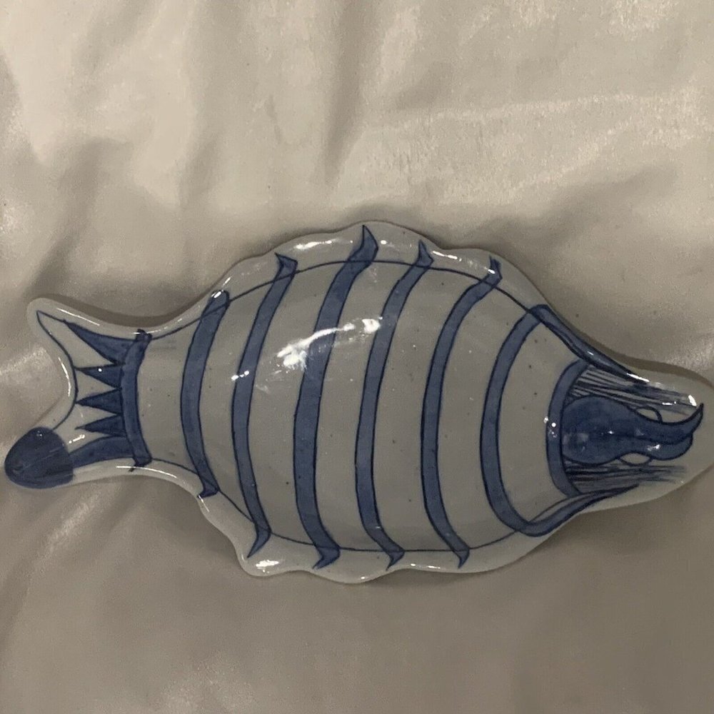 Fish Dish. 9.8" Long. Unknown Mfg. Blue and white stripe. Hand Painted. B2